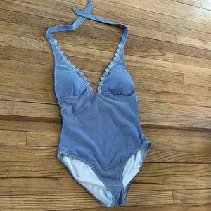 J Crew blue/white bathing suit.